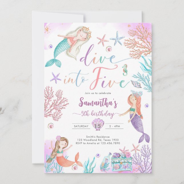 Dive Into Five Mermaid Under The Sea 5th Birthday  Invitation (Front)