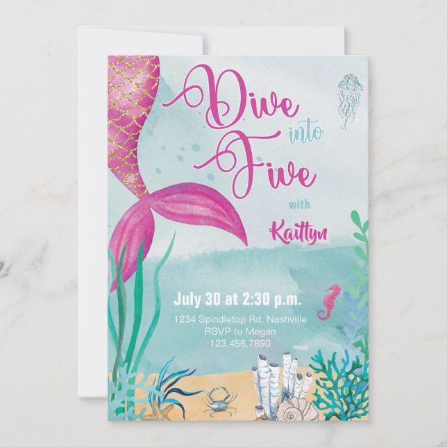 Dive into Five Mermaid Under the Sea Birthday Invitation (Front)