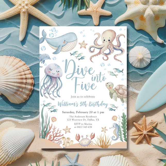 Dive Into Five Ocean Animals 5th Birthday Invitation (Creator Uploaded)
