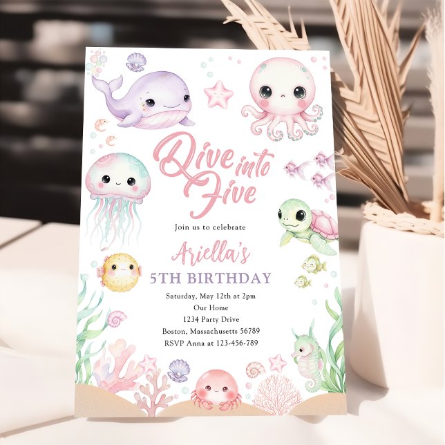Dive Into Five Ocean Animals 5th Birthday Invitation (Creator Uploaded)