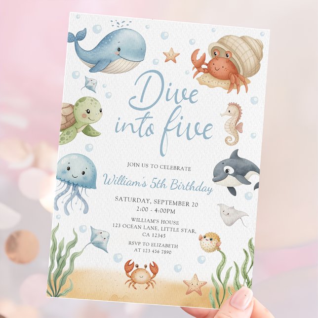 Dive Into Five Ocean Animals 5th Birthday Invitation (Creator Uploaded)