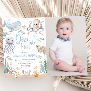 Dive Into Five Ocean Animals 5th Birthday Photo Invitation