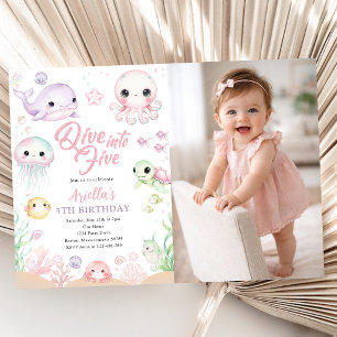 Dive Into Five Ocean Animals 5th Photo Birthday Invitation