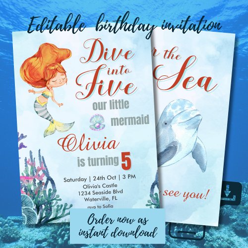 Dive into Five Orange Mermaid 5th Birthday Girl Invitation