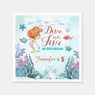 Dive into Five Orange Mermaid Girls 5th Birthday Napkins