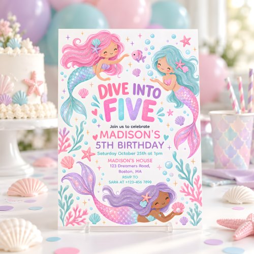 Dive Into Five Pastel Mermaid 5th Birthday Invitation