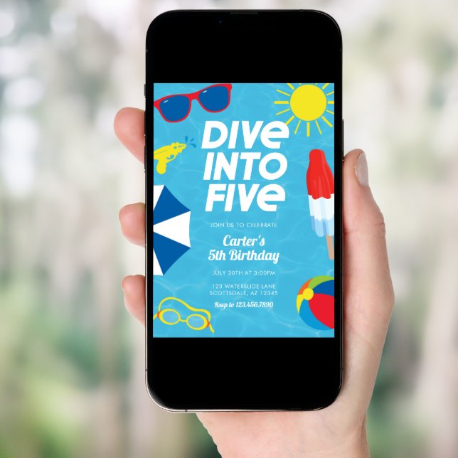 Dive into Five Pool 5th Birthday Invitation (Front Digital)