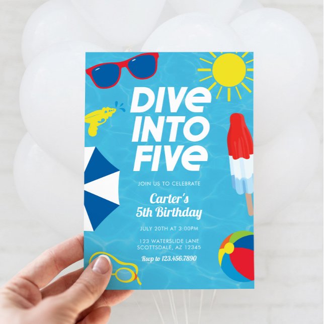 Dive into Five Pool 5th Birthday Invitation (Dive in Five Birthday Invitation)