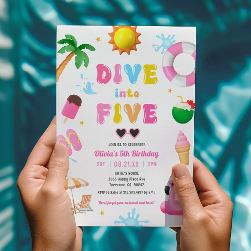 Dive into Five Pool Party Girl 5th Birthday Party  Invitation