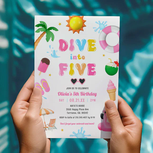 Dive into Five Pool Party Girl 5th Birthday Party Invitation | Zazzle