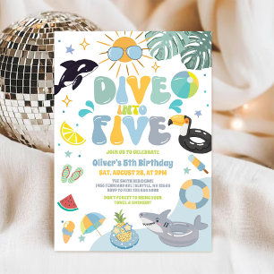 Dive Into Five Pool Party Summer 5th Birthday Invitation