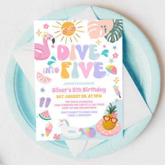 Dive Into Five Pool Party Summer 5th Birthday Invitation