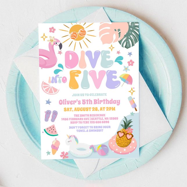 Dive Into Five Pool Party Summer 5th Birthday Invitation (Creator Uploaded)