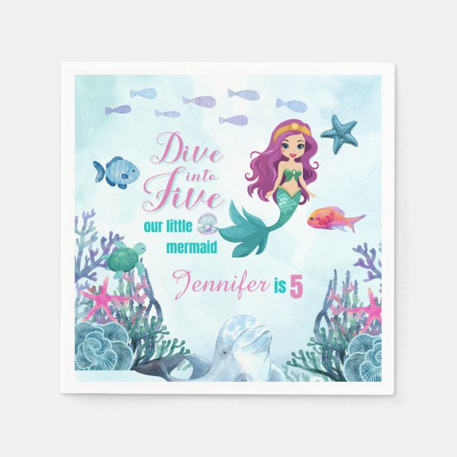 Dive into Five Purple Mermaid Girls 5th Birthday Napkins (Front)
