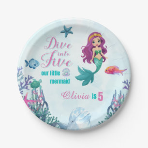 Dive into Five Purple Mermaid Girls 5th Birthday Paper Plates