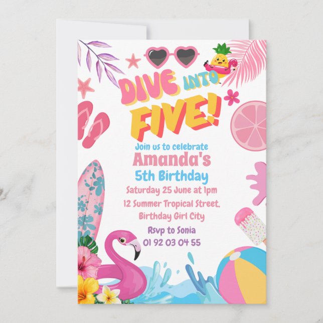  Dive Into Five Retro 5th Pool Birthday Party Invitation (Front)
