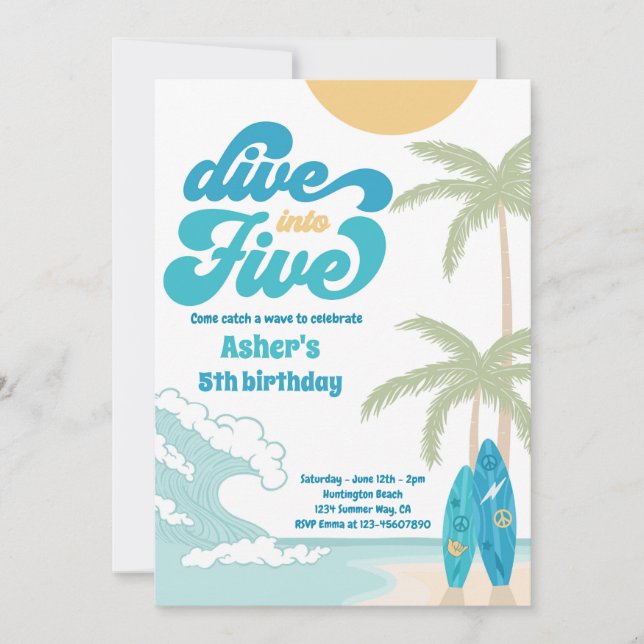 Dive Into Five Retro Surf 5th Birthday Party Invitation (Front)