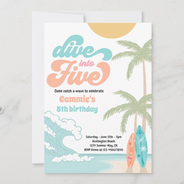 Dive Into Five Retro Surf 5th Birthday Party Invitation (Front)