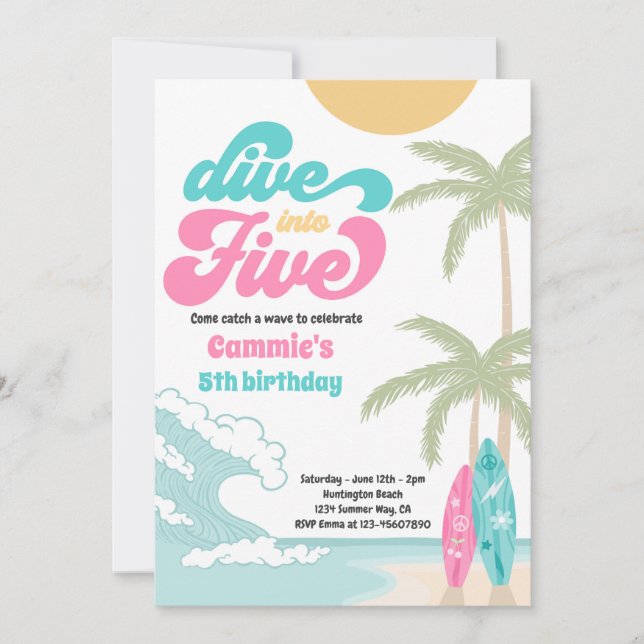 Dive Into Five Retro Surf 5th Birthday Party Invitation (Front)