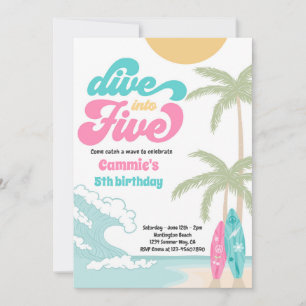 Dive Into Five Retro Surf 5th Birthday Party Invitation