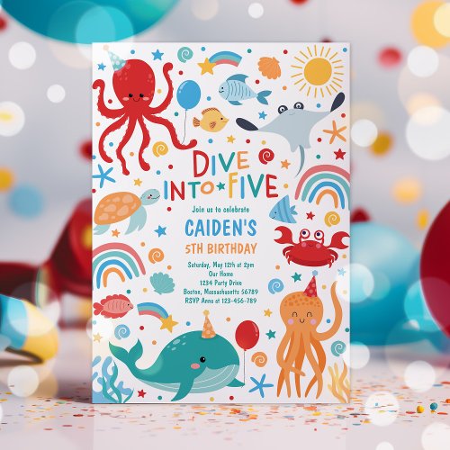 Dive Into Five Sea Creatures 5th Birthday Party Invitation