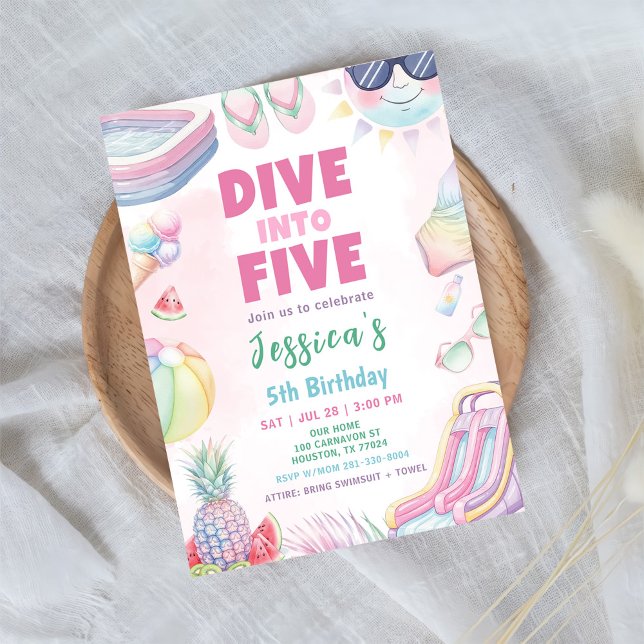 Dive Into Five - Summer Girl 5th Birthday Party Invitation (Creator Uploaded)