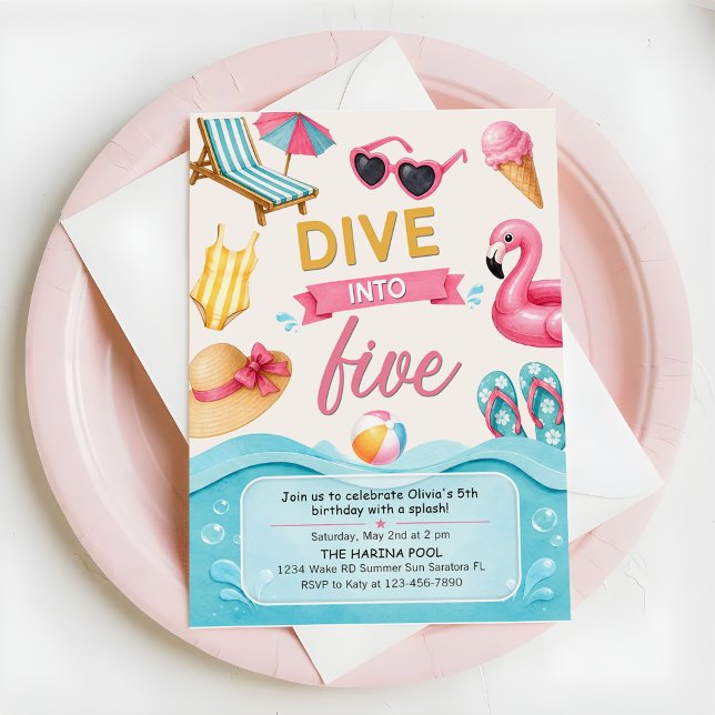Dive Into Five Summer Pool Birthday Party Invitation (Creator Uploaded)