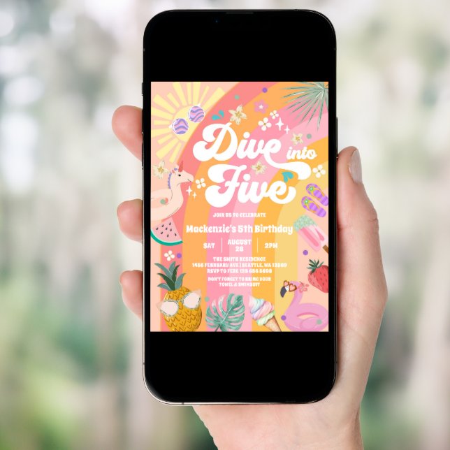 Dive Into Five Summer Rainbow Sun 5th Birthday Invitation (Front Digital)
