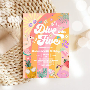 Dive Into Five Summer Rainbow Sun 5th Birthday Invitation