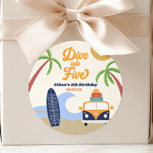 Dive Into Five Surf Board 5th Birthday Party Classic Round Sticker