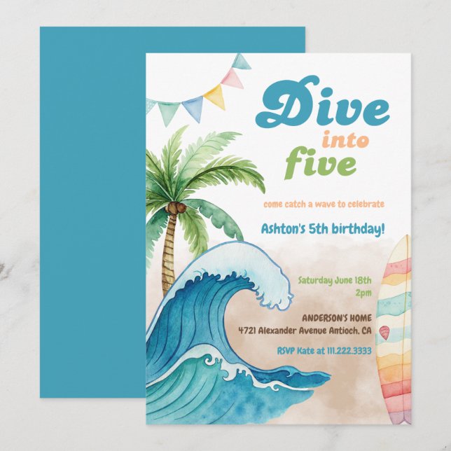 Dive Into Five Surf board Beach 5th Birthday Party Invitation (Front/Back)