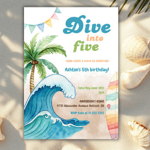 Dive Into Five Surf board Beach 5th Birthday Party Invitation