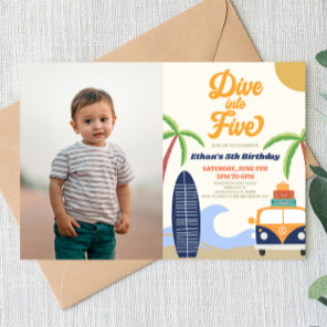Dive Into Five Surf Board Blue 5th Birthday Party Invitation