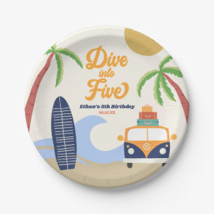 Dive Into Five Surf Board Blue 5th Birthday Party Paper Plates