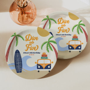 Dive Into Five Surf Board Blue 5th Birthday Party Paper Plates