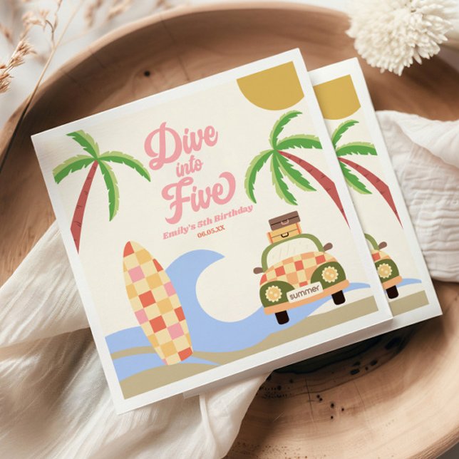 Dive Into Five Surf Pink 5th Birthday Party Napkins (Creator Uploaded)