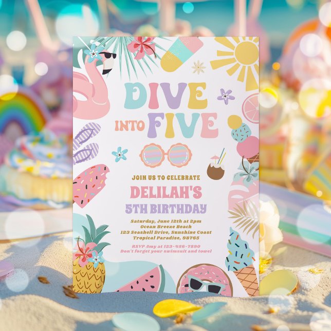 Dive Into Five Tropical Beach 5th Birthday Party Invitation (Creator Uploaded)