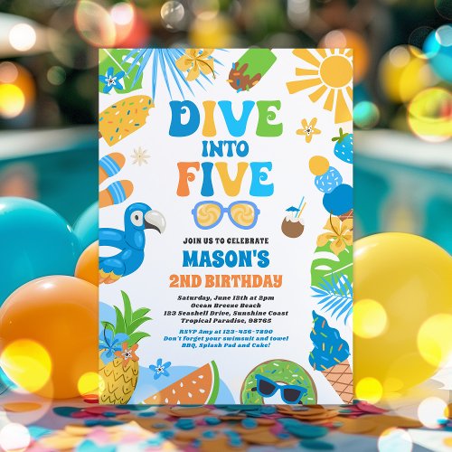 Dive Into Five Tropical Beach 5th Birthday Party Invitation
