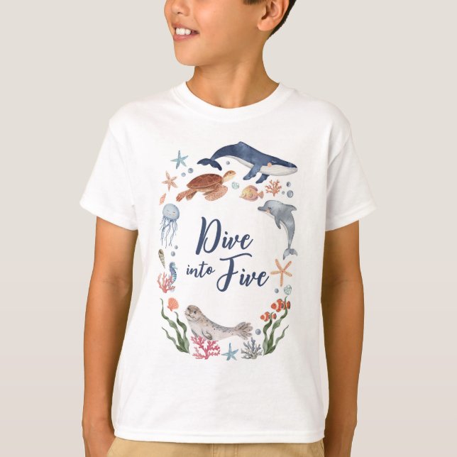 Dive into Five Under the Sea Nautical 5th Birthday T-Shirt (Front)