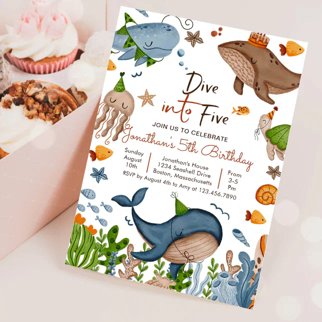 Dive Into Five Under The Sea Shark Birthday Party Invitation | Zazzle