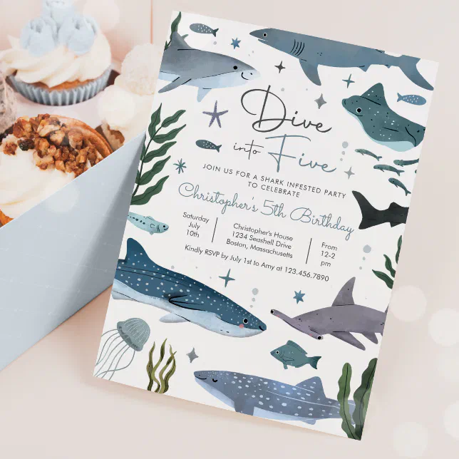 Dive Into Five Under The Sea Shark Birthday Party Invitation | Zazzle