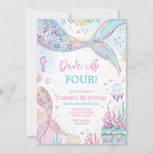 Dive Into Four Mermaid Under the Sea 4th Birthday Invitation