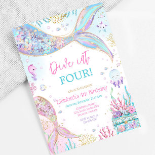 Dive Into Four Mermaid Under the Sea 4th Birthday Invitation