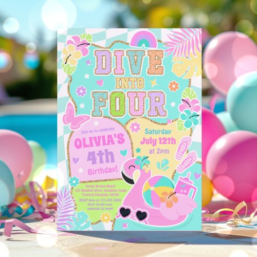 Dive Into Four Preppy Girl Pool Party Birthday Invitation