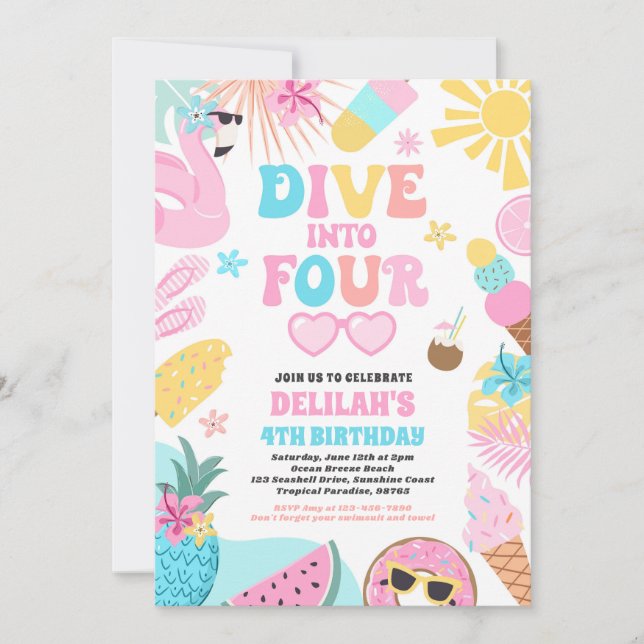 Dive Into Four Tropical Beach 4th Birthday Party Invitation (Front)