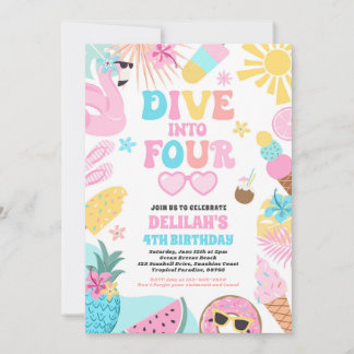 Dive Into Four Tropical Beach 4th Birthday Party Invitation