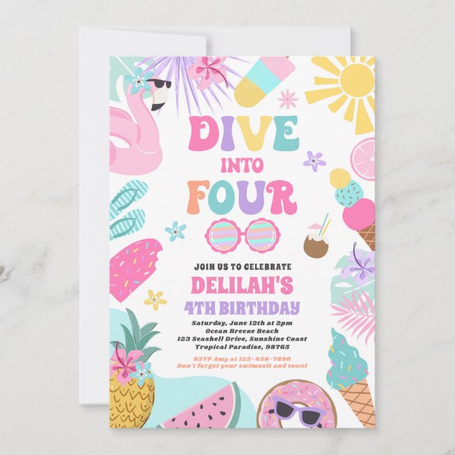Dive Into Four Tropical Beach 4th Birthday Party Invitation (Front)