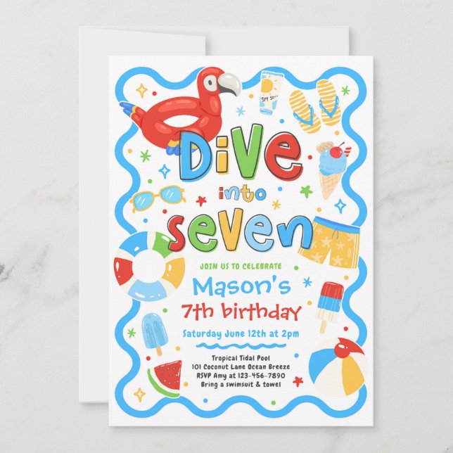 Dive Into Seven Summer Pool Party 7th Birthday Invitation (Front)