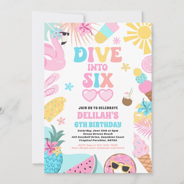 Dive Into Six Tropical Beach 6th Birthday Party Invitation (Front)