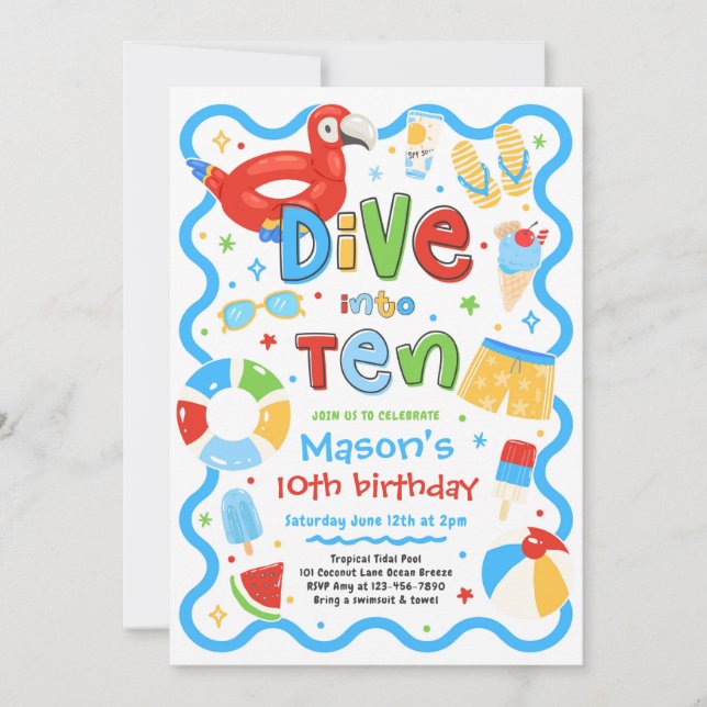 Dive Into Ten Summer Pool Party 10th Birthday Invitation (Front)